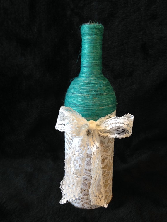 Rustic Wine Bottle with Teal/Turquoise by DawnWeddingDesigns