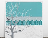 Set of 3 winter huts greeting cards, printed on luxury textured card.