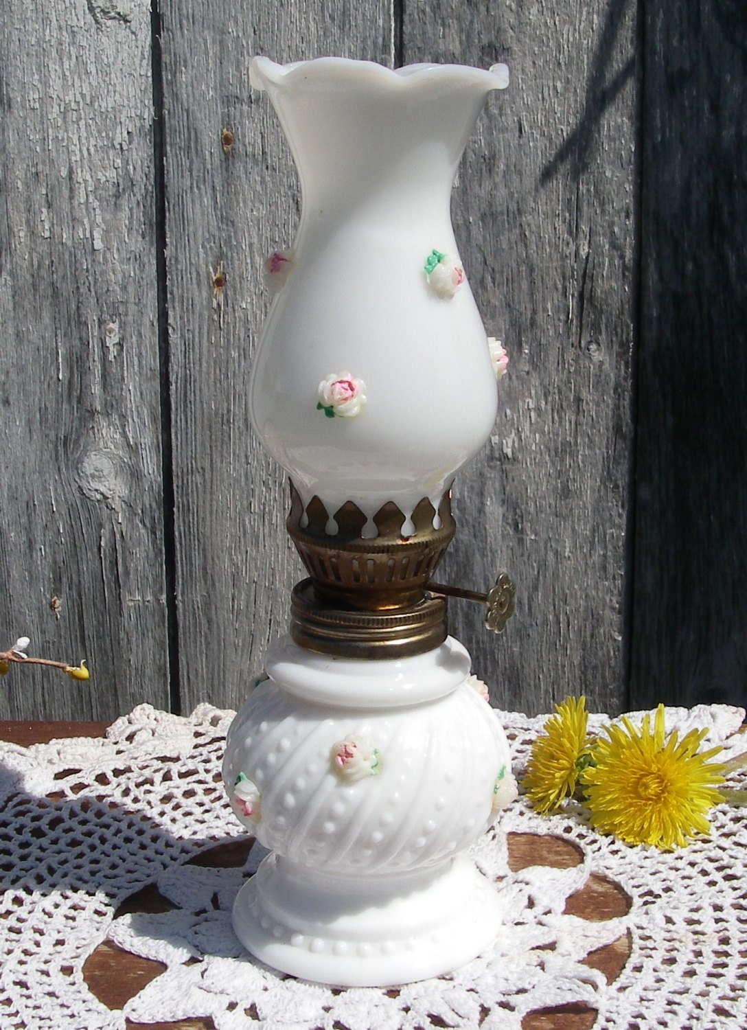 Vintage Hobnail Milk Glass Oil Lamp With Applied Roses Small