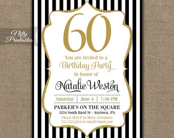 60th Birthday Invitations - Black & Gold Glitter 60 Bday Invites - Sixty Any Age - Sixtieth Birthday Printables, Black White Stripes - BGL