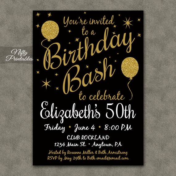 50th Birthday Invitations Black & Gold Glitter 50 Black