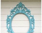 ORNATE FRAME, Wedding Photo Prop, Aqua Blue Baroque Oval Picture Frame, Shabby Cottage Chic, Hollywood Frame Nursery Large Wall Hanging