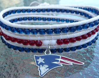 England Patriots triple wrap br acelet with red and blue beads, white ...