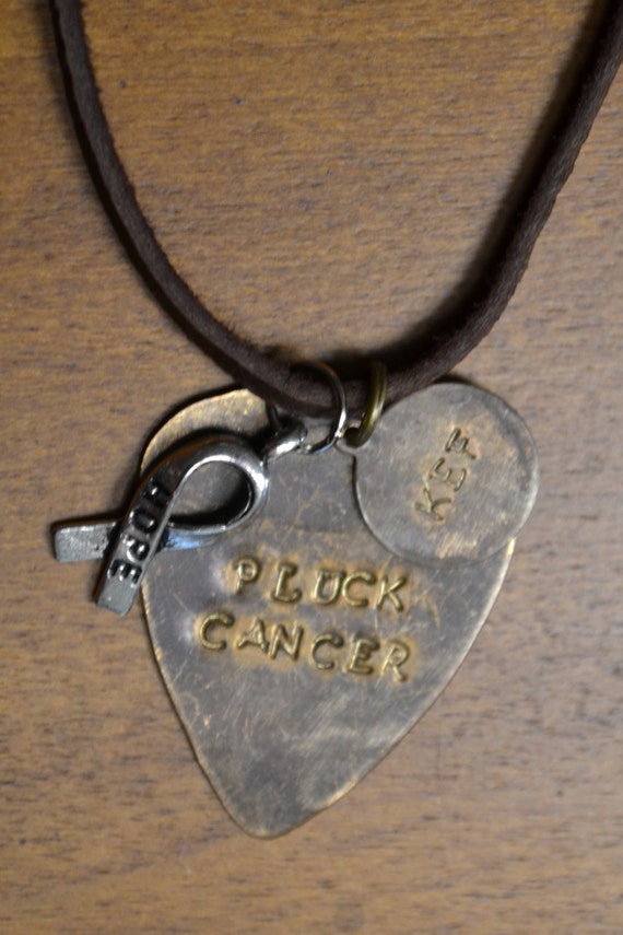 Hand Stamped Pluck Cancer Guitar Pick Necklace