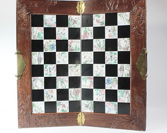 Wooden Hand-Carved Chess Set, Chinese Carved Chess Set, Carved Chess Set, Asian Chess Set, Hand Painted Chess Board, Vintage Chess Set