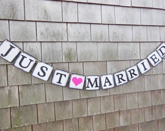 Just Married Banner, Just Married Sign, Just Married Car Sign, Wedding Banner, Wedding Garland, Photo Prop, Wedding Reception Decor