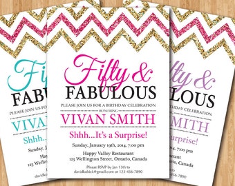 Surprise 50th birthday invitation. Gold Pink Chevron Glitter Glam. Fifty and fabulous. Pink, Purple, Blue, Red. Printable digital