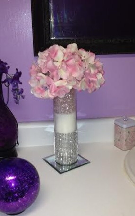 Decorative Bling Glass Vase Cylinder With Pink Cyrstals, Wite Sand And