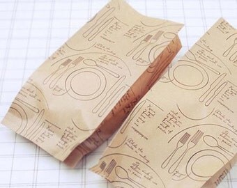 100sheets 4x9 kraft brown paper bags with Dishes illustration_FOOD SAFE Gourmet Bags treat bags_Merchandise bags
