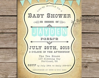 Western Baby Shower Invitation boy Kraft Paper Rustic Style Pale Mint Green digital diy file or printed cards vintage rustic no.123