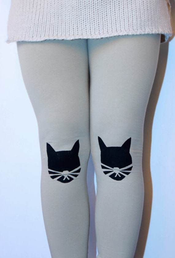 Beige Cat Leggings, MADE TO ORDER, handmade cotton women's leggings with black cat stencils, cat lovers, black cat, brown leggings
