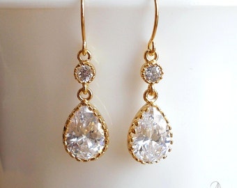 Gold Crystal Earrings - Wedding Bride Bridesmaids Jewelry - Maid of Honor Gift - Elegant Simple Gold Plated Clear Crystal Dangle Earrings