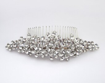 Antique Rhodium Floral Hair Comb with Marquise Rhinestone Accents