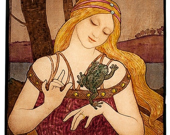 Princess with toad, art nouveau stained glass, kilnfired glass painting, handpainted, vitrail, princess, La Princesse au Crapaud, jugendstil