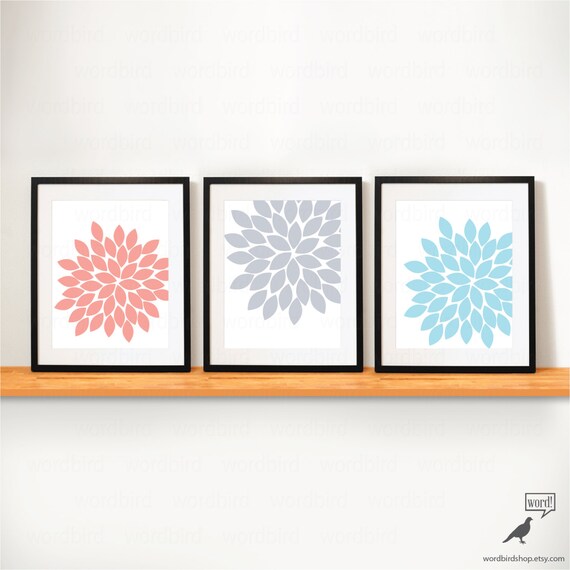 Items similar to Floral Burst Print Set, Modern Flower Prints in Grey