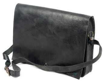 Items similar to Black Leather Messenger Bag Laptop Bag -Women's, Men's ...