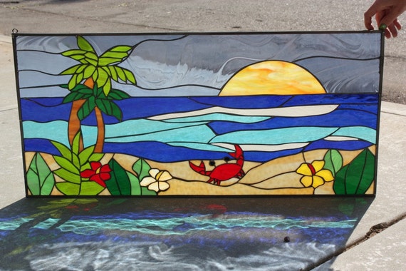 Crab Palm Tree & Sunset Stained Glass Window by ...