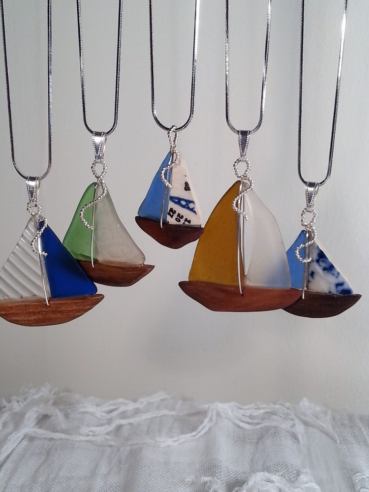 Sea Glass Sailboat Pendant with Textured by SeaGlassSailboats