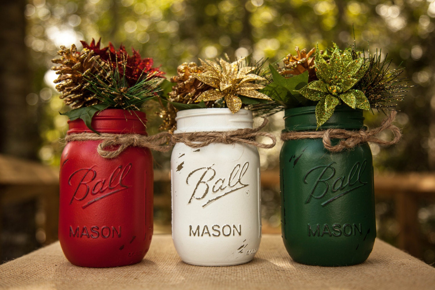 Christmas Themed Set of 3 pint size painted and distressed mason jars. Christmas Vase. Painted mason jar