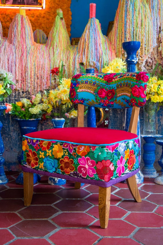 A Unique Pair Of Chairs Upholstered With Mexican Traditional Embroidery