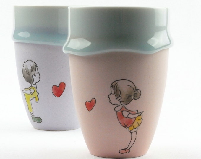 Creative Zakka Style Hand Painted Spilling Glaze Porcelain Couple Cups for Lovers Set of 2