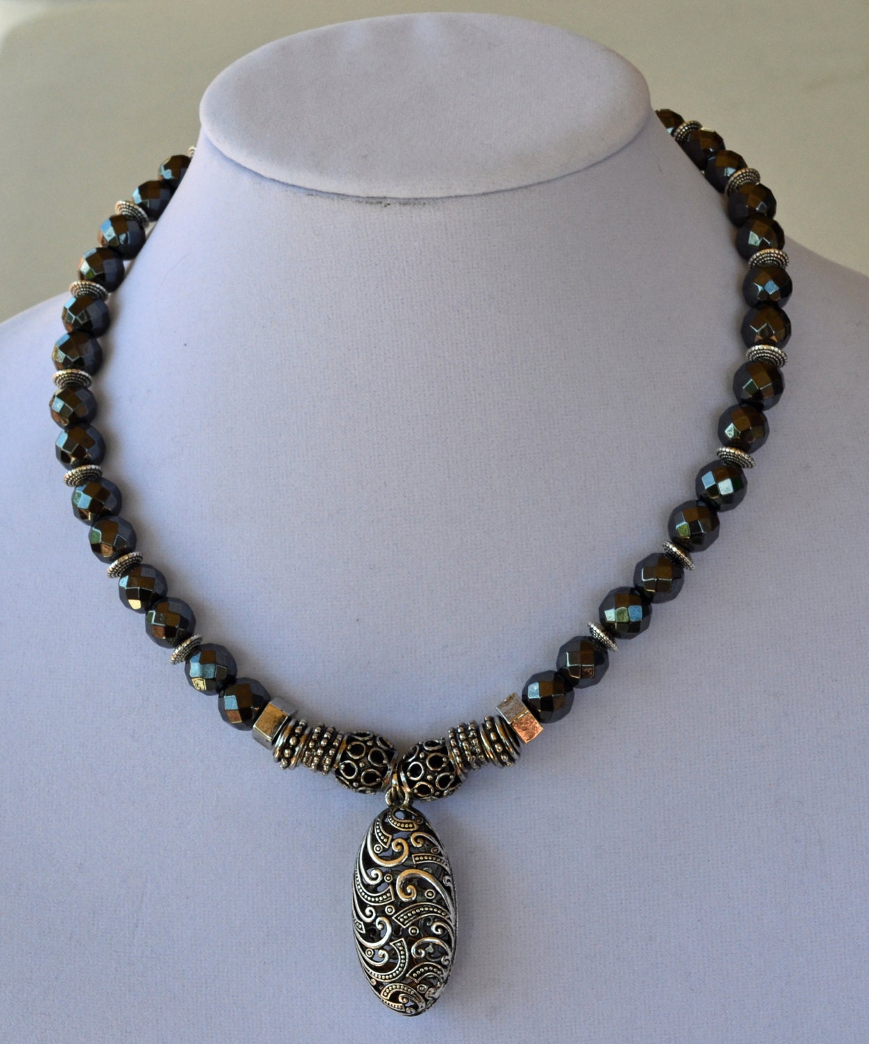 Hematite pendant necklace by BabetteOriginals on Etsy
