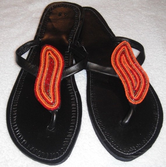 Items similar to Hand made Kenyan leather slippers with hand beaded ...