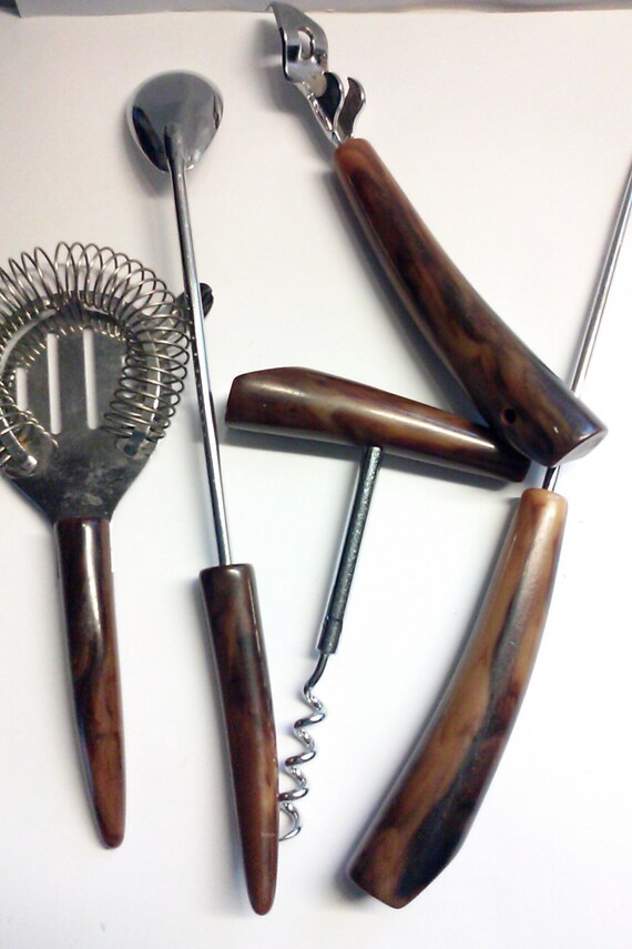 1960's Vintage Tortoise Shell Bar Tool Set/ 5 Pieces/