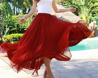 Wine Red Chiffon skirt Maxi Skirt Long Skirt Maxi Dress Silk chiffon ...