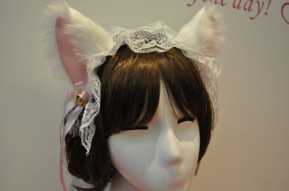 White CAT ears LOLITA maid lace HEADBAND cat ears by 