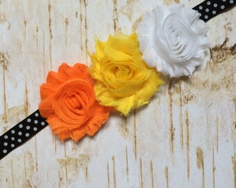 Halloween Headband, Baby girl, orange, yellow, white, black polka dots, Holiday headband, shabby flower, candy corn headband