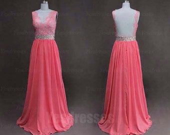 backless prom dress, lace prom dress, watermelon prom dress, long prom ...