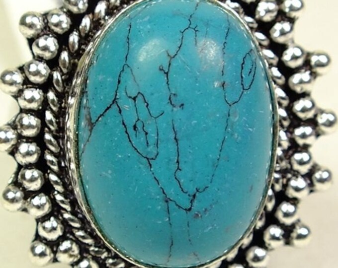 Storewide 25% Off SALE Stylish Vintage Oversized Turquoise Cocktail Ring With Delicate Silver Lace Pattered Boarder Trim set in Silvertone M