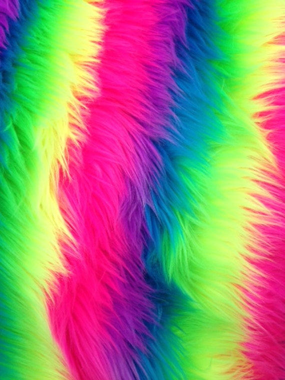 Neon rainbow faux fur by the yard