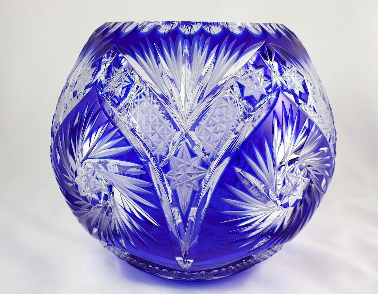 Antique Cobalt Blue Bohemian Crystal Bowl Cut to Clear