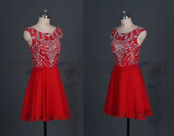 Short red chiffon prom dresses with rhinestons,2015 cheap beaded ...