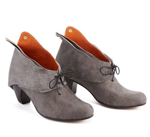 grey leather booties heel
