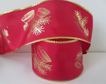 Red Christmas Ribbon Gold Bells Wired 2 1/2" inch wide Metallic Holiday Tree Wreath Ribbon Gift Basket Bow Center Piece Home Decor LC079