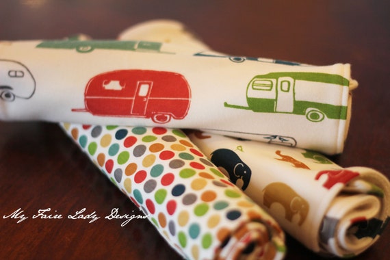 ORGANIC Modern Baby Burp Cloths, Set of Three, in campers, multi-colored dot, and elephant family