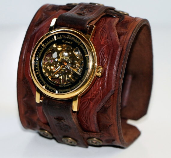Leather Cuff Watch Men's Wide Layered Dark by BellozziDesigns