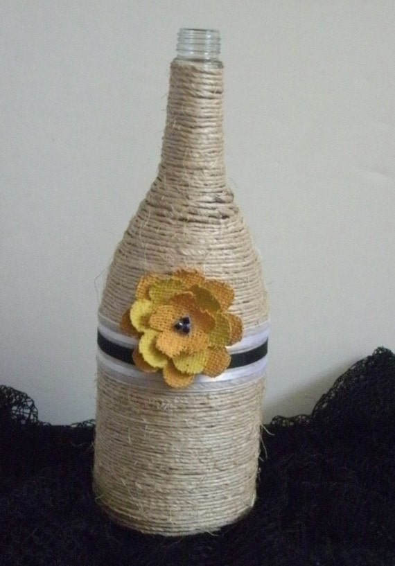 Items similar to Twine Wrapped Wine Bottle with Burlap Flower and