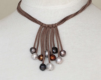 Handmade Leather Necklace with Fresh Water Pearls