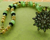 Stunning Lime Green & Gold Beaded Necklace, Pendant With Matching Earrings