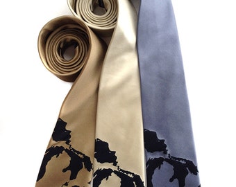 Great Lakes silk necktie. Men's map tie. Includes lakes Michigan, Superior, Huron, Erie, and Ontario. Navy blue screenprint.