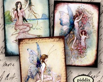 Victorian Fairies and Water Nymphs, Mermaids in ATC ACEO size 2.5 x 3.5 inch rectangles -- piddix digital collage sheet 890