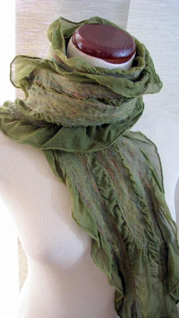 felting scarves nuno silk for Neckwarmer, Scarf, Scarves, Felt Felted Nuno Ruffle Silk Gift Scarf,