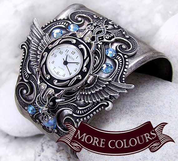Silver Wings Watch cuff Aquamarine Crystal women's Watch bracelet Gothic Jewelry watches for women watches for men wings bracelet gift by Aranwen steampunk buy now online