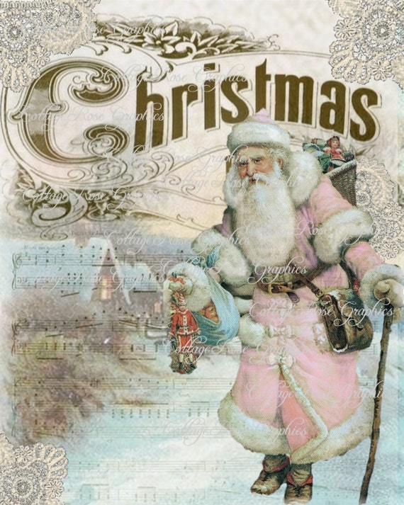 Pink Santa Vintage Traveler Shabby Christmas Large digital