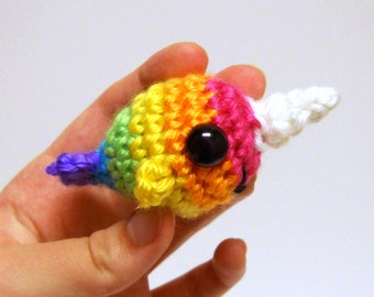 Crocheted Narwhal Amigurumi Plushie - Bright Rainbow Baby Narwhal Plush - MADE TO ORDER