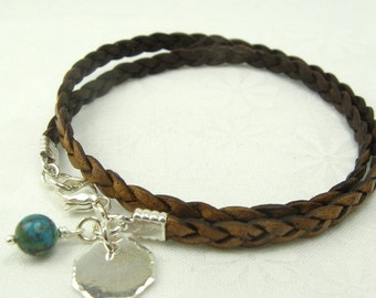 LEATHER WRAP BRACELET with handmade octagon charm sterling silver leather bracelet
